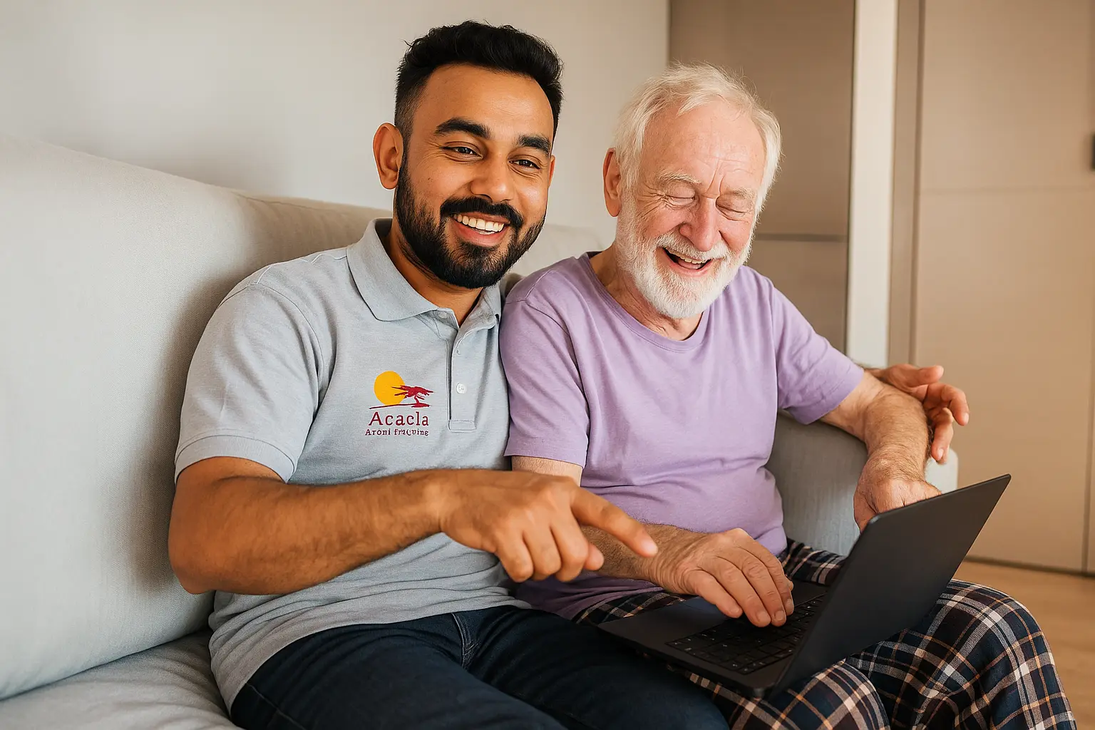 An Acacia Homecare carer enjoying a cheerful moment with a customer while delivering home care services.