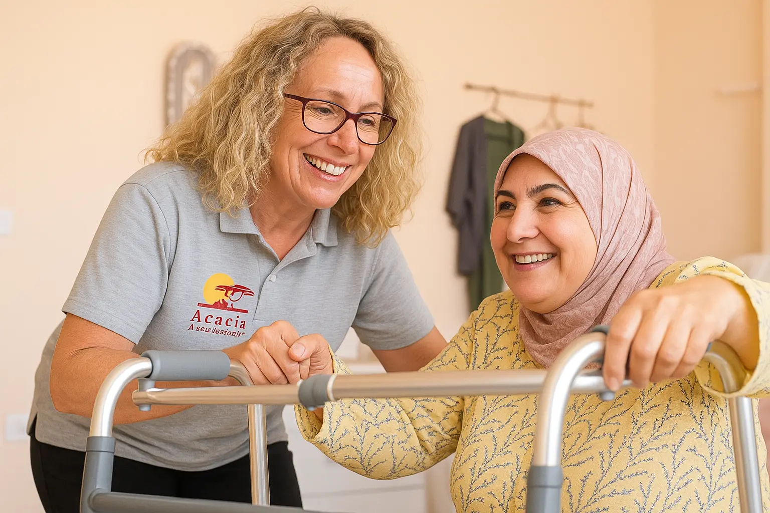 An Acacia Homecare carer providing mobility support as part of personalised home care services.