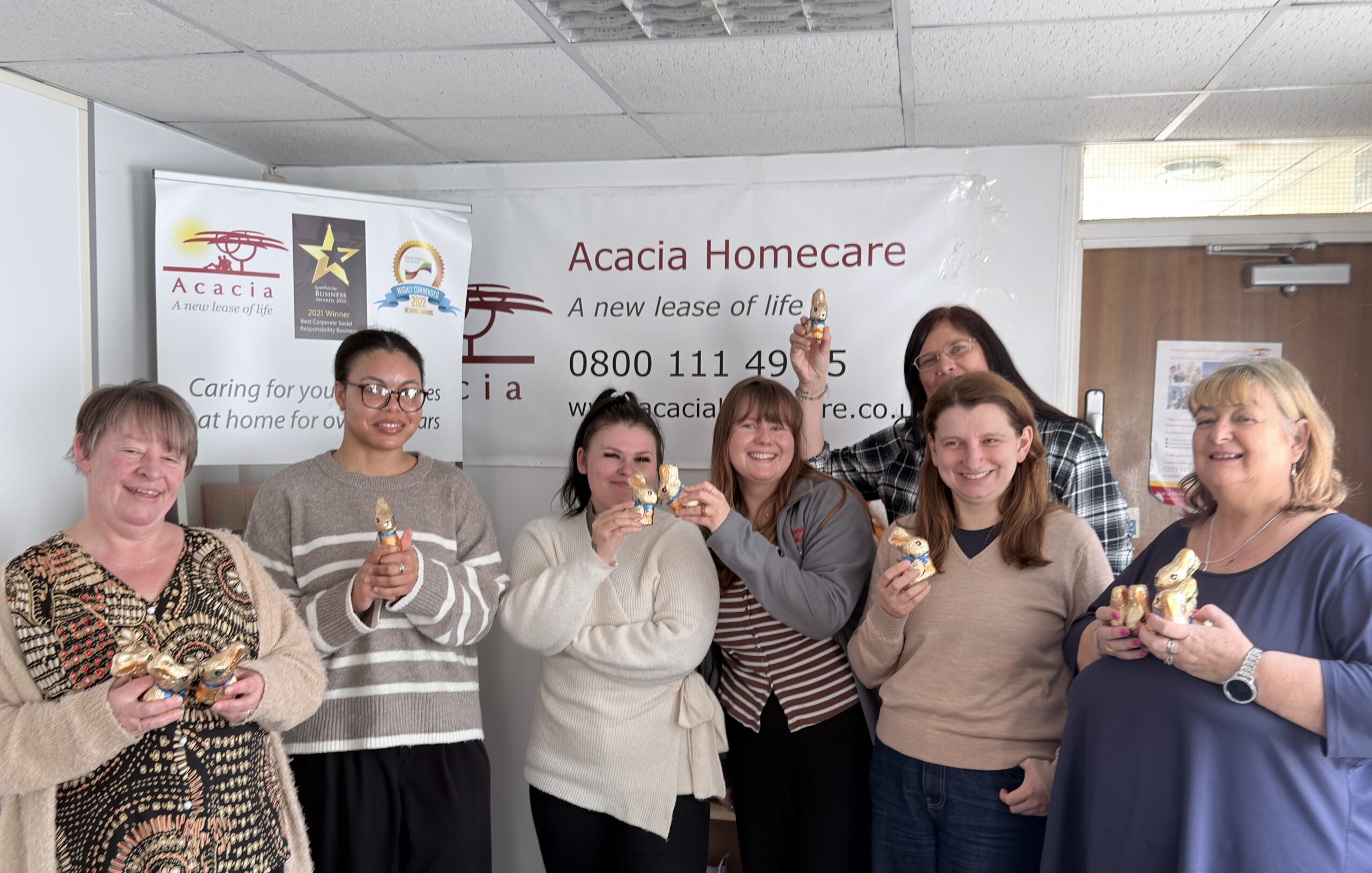 Acacia Homecare Office team with Easter bunnies