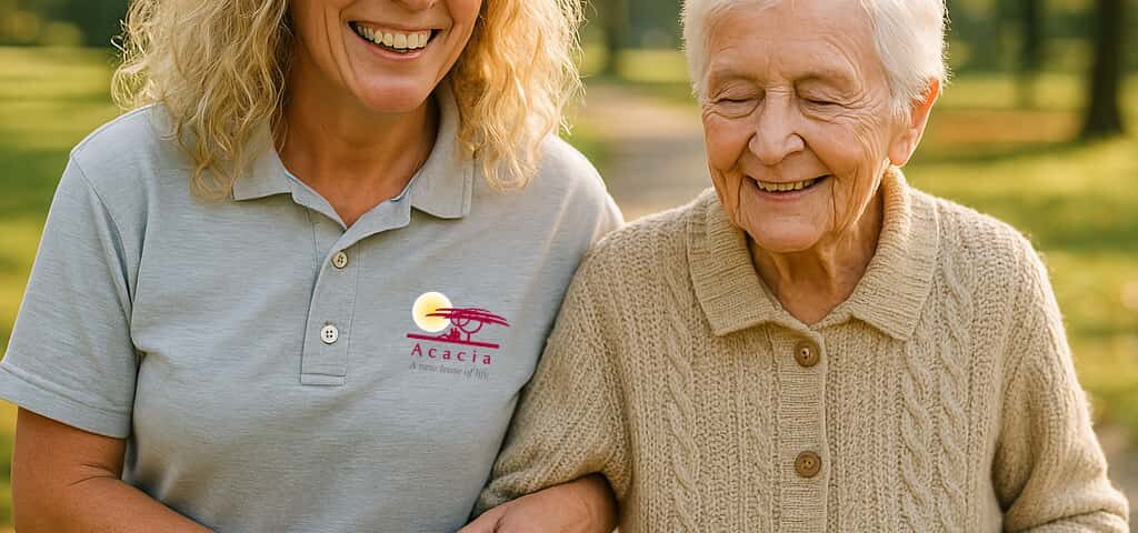 Acacia Angel taking a walk with an elder