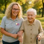 Acacia Angel taking a walk with an elder