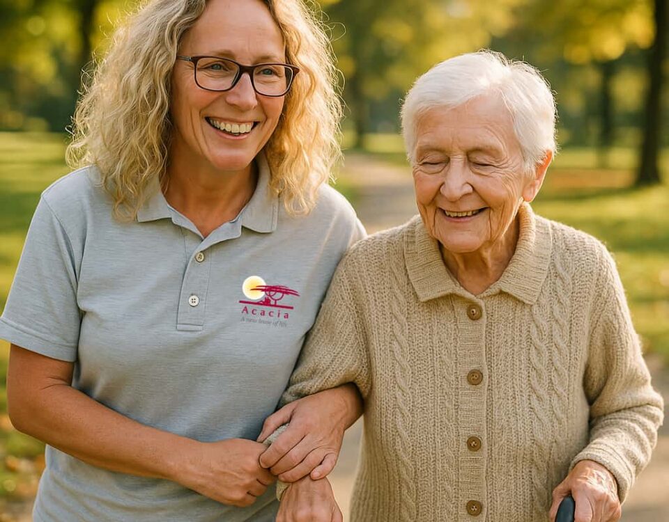 Acacia Angel taking a walk with an elder
